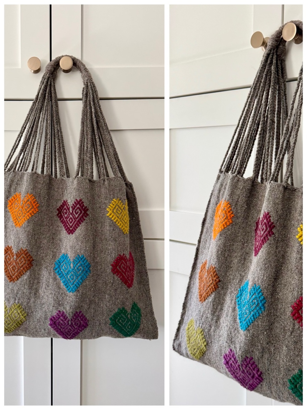 Mexican Handcrafted Grey Wool Knit Shoulder Tote, Woven Hearts Market Bag - Picture 6 of 17